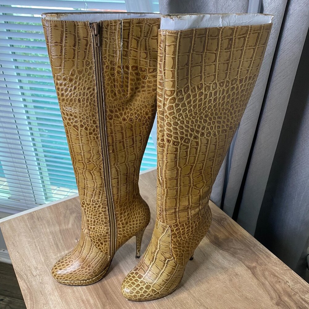 Charles by Charles David tan faux animal print knee high side zip boots